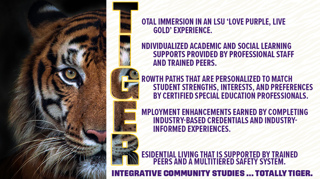 Total immersion in an LSU ‘Love Purple, Live Gold’ experience.  Individualized academic and social learning supports provided by professional staff and trained peers.  Growth paths that are personalized to match student strengths, interests, and preferences by certified special education professionals.  Employment enhancements earned by completing industry-based credentials and industry-informed experiences.  Residential living that is supported by trained peers and a multitiered safety system.     Integrative Community Studies … Totally Tiger.